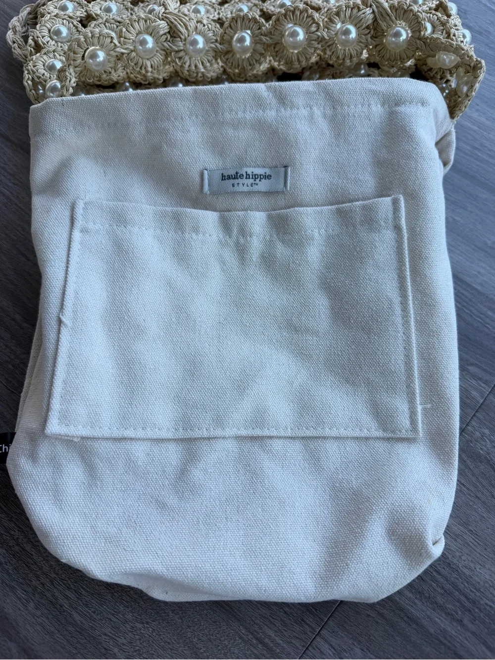 Haute Hippie Style Crochet Pearl Tote Bag Cream Woven Macrame Raffia Purse